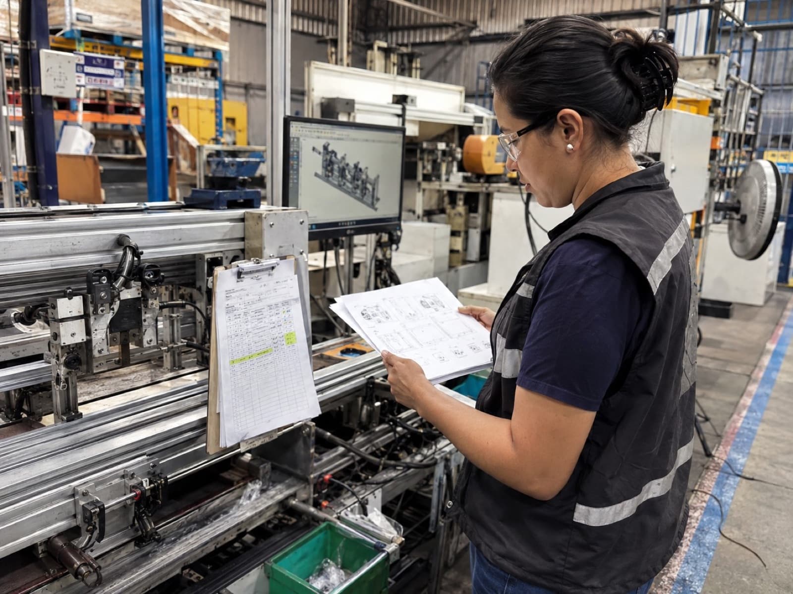 Engineer checking drawings and paperwork on a production line